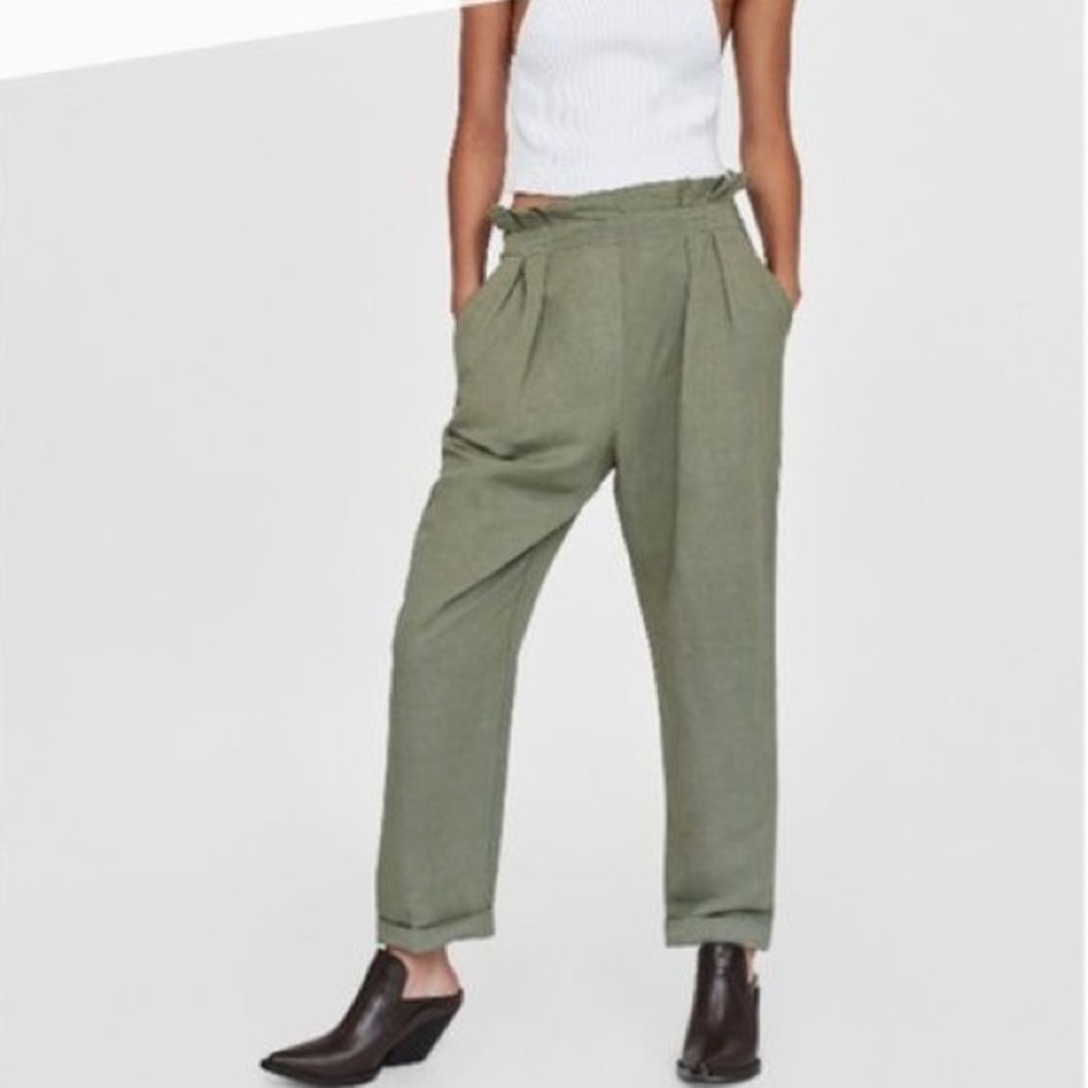 Zara high paperbag waist linen blend fabric pants cargo khaki light green